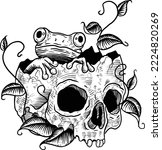 Drawing engraving style illustration skull with frog in it for design projects
