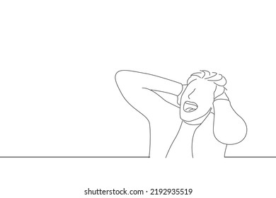 Drawing of enraged troubled man screaming in anger, crazy and mental. Line art style

