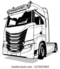 Drawing of a European Truck from the Front View - Black  Illustration Isolated on White Background, Vector