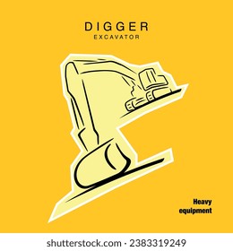 Drawing of an excavator in perspective. An example of a layout for advertising heavy equipment.