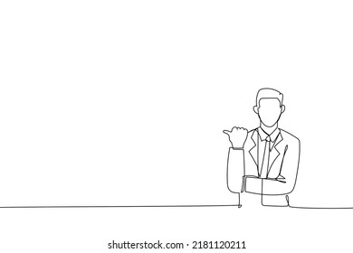 Drawing of Excited businessman presenting copy space. Single line art style
