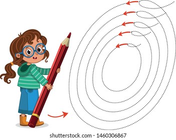 Drawing exercise with a cute little girl illustration.