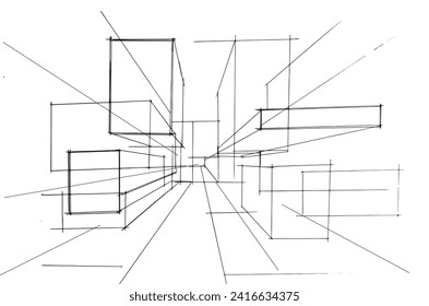 Drawing exterior and interior architectural lines. , Graphic assembly in architecture and interior design work. ,Sketch ideas for interior or exterior designs.