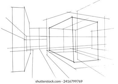 Drawing exterior and interior architectural lines. , Graphic assembly in architecture and interior design work. ,Sketch ideas for interior or exterior designs.