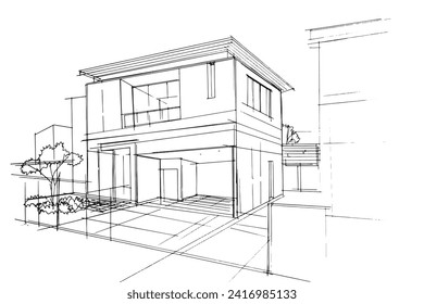 Drawing exterior and interior architectural lines. , Graphic assembly in architecture and interior design work. ,Sketch ideas for interior or exterior designs.