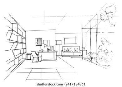 Drawing exterior and interior architectural lines. , Graphic assembly in architecture and interior design work. ,Sketch ideas for interior or exterior designs.