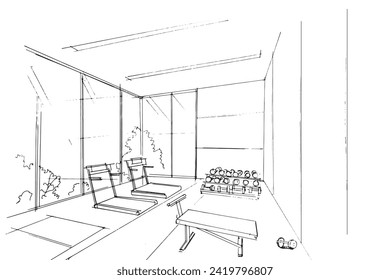 Drawing exterior and interior architectural lines. , Graphic assembly in architecture and interior design work. ,Sketch ideas for interior or exterior designs.