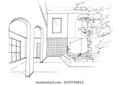 Drawing exterior and interior architectural lines. , Graphic assembly in architecture and interior design work. ,Sketch ideas for interior or exterior designs.