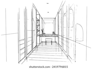 Drawing exterior and interior architectural lines. , Graphic assembly in architecture and interior design work. ,Sketch ideas for interior or exterior designs.
