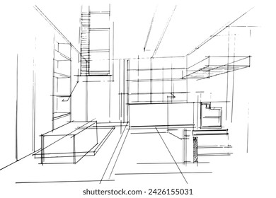 Drawing exterior and interior architectural lines. , Graphic assembly in architecture and interior design work. ,Sketch ideas for interior or exterior designs.