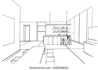 Drawing exterior and interior architectural lines. , Graphic assembly in architecture and interior design work. ,Sketch ideas for interior or exterior designs.