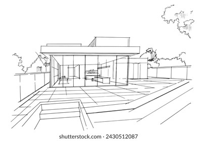 Zeichnung der äußeren und inneren architektonischen Linien. Grafik, Montage in Architektur und Innenarchitektur. Skizzieren Sie Ideen für Innen- oder Außendesign.