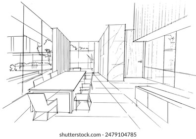 Drawing exterior and interior architectural lines. , Graphic assembly in architecture and interior design work. ,Sketch ideas for interior or exterior designs.