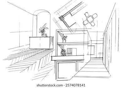 Desenhando linhas arquitetônicas exteriores e interiores. , Montagem gráfica em arquitetura e trabalhos de design de interiores. , Desenhe ideias para designs de interiores ou exteriores.