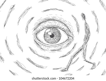 Drawing of an eye looking at a man, vector illustration