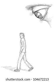 Drawing of an eye looking at a man, vector illustration