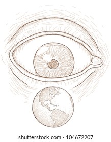 Drawing of an eye that looks at the world, vector illustration