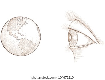 Drawing of an eye that looks at the world, vector illustration