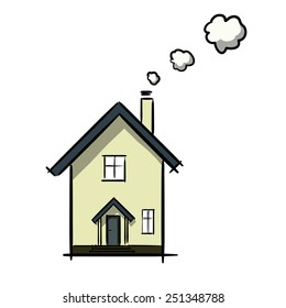The drawing of a facade of the house. A children's sketch. House cartoon. Color image.