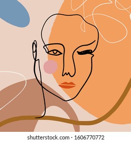 Drawing Face Ink Sketch Doodle Style Mono Line Portrait Brush Strokes Beige Brown Cream Modern Abstract Art Scandinavian Style Terracotta Vector EPS Clipart