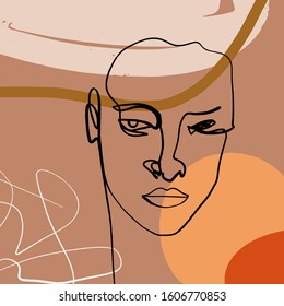 Drawing Face Ink Sketch Doodle Style Mono Line Portrait Brush Strokes Beige Brown Cream Modern Abstract Art Scandinavian Style Terracotta Vector EPS Clipart