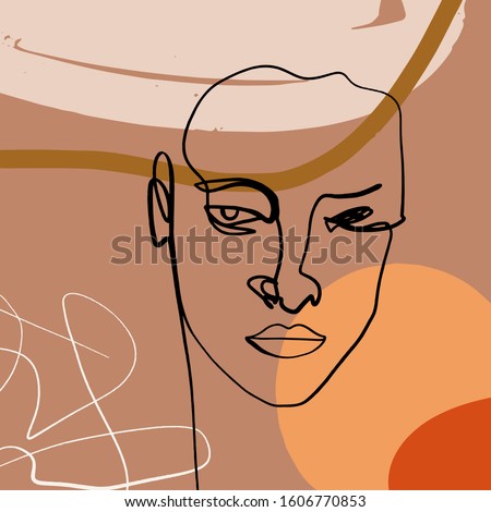 Drawing Face Ink Sketch Doodle Style Mono Line Portrait Brush Strokes Beige Brown Cream Modern Abstract Art Scandinavian Style Terracotta Vector EPS Clipart