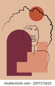 Drawing of the face line of an African woman. Minimalistic abstract female portrait with a continuous line for the logo. Geometric shapes.