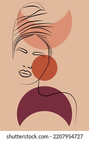 Drawing of the face line of an African woman. Minimalistic abstract female portrait with a continuous line for the logo. Geometric shapes.