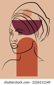 Dibujo de la línea de la cara de una mujer africana. Retrato femenino abstracto minimalista con una línea continua para el logo. Formas geométricas.