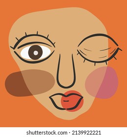 Un dibujo de una cara con un ojo cerrado, con un aspecto encantador en un fondo naranja. simple y abstracto
