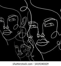 Drawing face one line, abstract trendy contemporary composition, hand drawn black and white linear vector illustration 