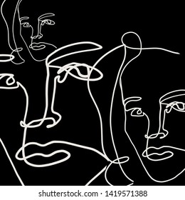 Drawing face one line, abstract trendy contemporary composition, silhouette black and white linear vector illustration 