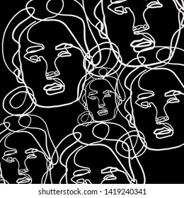 Drawing face one line girl or woman portrait, abstract trendy contemporary composition, silhouette black and white linear vector illustration 