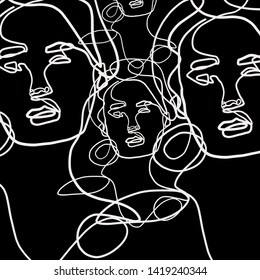 Drawing face one line girl or woman portrait, abstract trendy contemporary composition, silhouette black and white linear vector illustration 