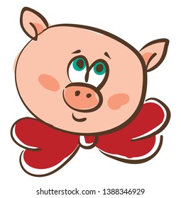 El dibujo de la cara de un cerdo rosa en una bowtie de cuello rojo con ojos verdes enrollados es dibujo de color vectorial sonriente o ilustración