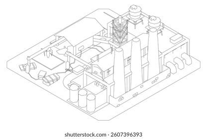 A drawing of a Factory with a lot of buildings. Isometric view