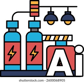 A drawing of a factory with a red and blue sign that says AI. The drawing is of a factory with a lot of machinery and equipment