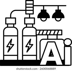 A drawing of a factory with a sign that says AI In black and white line style
