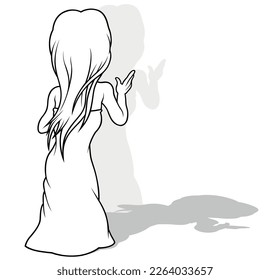 Drawing of a Fairy with Long Hair in a Dress from Rear View - Cartoon Illustration Isolated on White Background, Vector