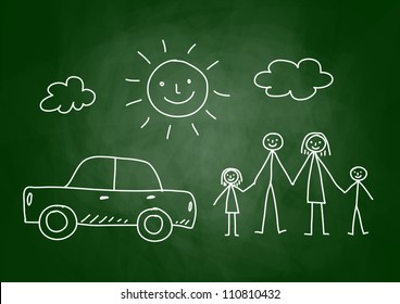 Drawing of family and car on blackboard