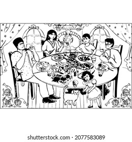 Drawing family dining at one table an oriental theme sketch vector illustration hand draw