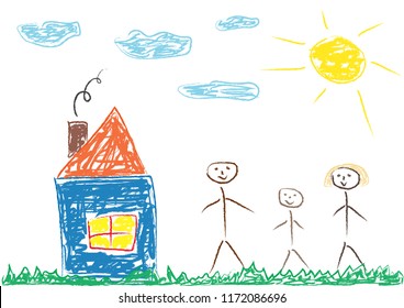 Сhildren's drawing of family (mother, father and child) and house, vector