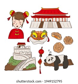 Drawing of famous tourist spots And symbol of china with the Great Wall, beautiful palace, National costume and lovely panda,cartoon character, isolated flat vector illustration