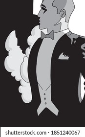 Drawing of fancy couple in formal wear from the twenties, in film noir atmosphere and art Deco style. Vector illustration.