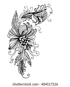 drawing fantastic flower garland with curls angular frame sketch doodle linear contour ink vector illustration