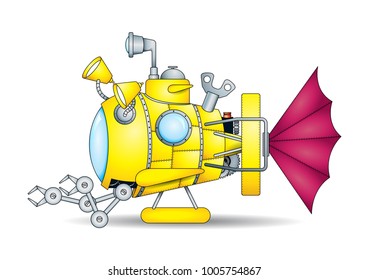 Drawing of a fantastic mini yellow toy submarine with mechanical arms seen from side on white background. Vector image