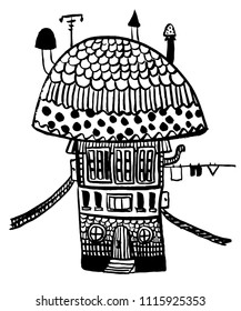 drawing of a fantastic picture of an apartment house inside a mushroom, sketch, hand-drawn vector illustration