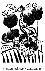 drawing fantastic picture giant stork stands on one leg among the houses of the town, village, sketch, hand drawn comic vector illustration
