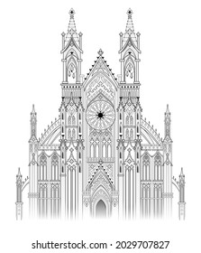 Drawing of fantasy castle. Gothic architectural style. Medieval architecture in Western Europe. Black and white page for coloring book. Worksheet for children and adults. Christian cathedral.