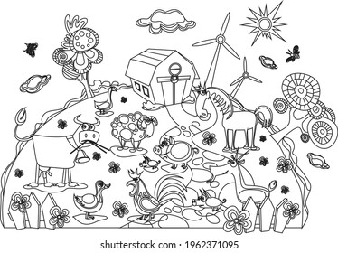 Drawing farm animals cartoon vector illustration. isolated background